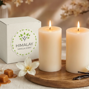 Himalay Modern Vanilla Caramel Scented Pillar Candles | Set of 2 | 25 Hours Burn Time Each | Smokeless Paraffin Wax Candles | Long Lasting Fragrance | Decorative Candle for Home Décor & Gifts