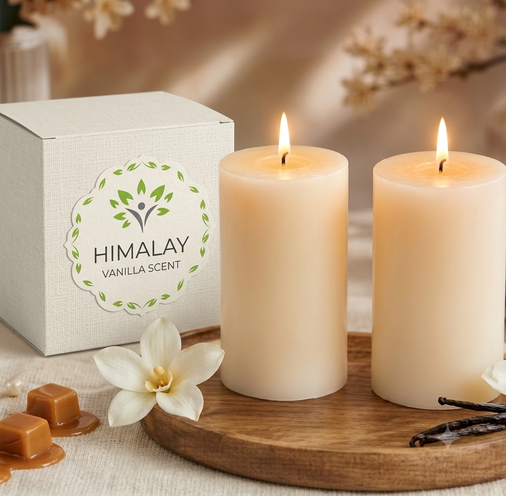 Himalay Modern Vanilla Caramel Scented Pillar Candles | Set of 2 | 25 Hours Burn Time Each | Smokeless Paraffin Wax Candles | Long Lasting Fragrance | Decorative Candle for Home Décor & Gifts