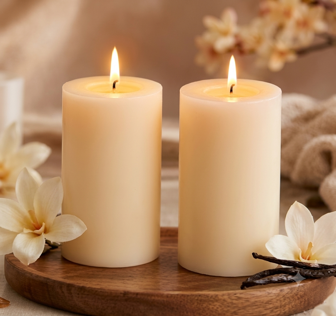 Himalay Modern Vanilla Caramel Scented Pillar Candles | Set of 2 | 25 Hours Burn Time Each | Smokeless Paraffin Wax Candles | Long Lasting Fragrance | Decorative Candle for Home Décor & Gifts